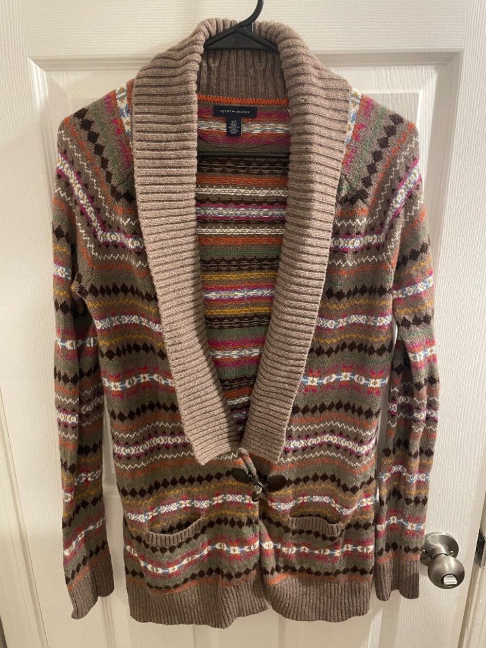 Tommy Hilfiger Fair Isle Toggle Cardigan Sweater Shawl Collar Small Cozy